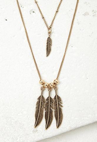 Forever21 Layered Feather Pendant Necklace (antic Gold)
