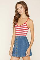 Forever21 Women's  Cream & Red Striped Ribbed Knit Crop Top