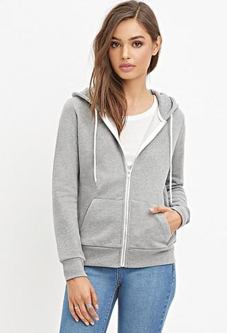 Forever21 Women's  Zip-up Drawstring Hoodie (heather Grey)