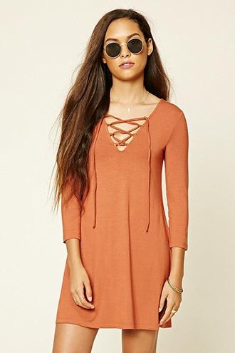 Forever21 Women's  Rust Lace-up Swing Dress