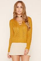 Forever21 Women's  Mustard Lace-up Cable Knit Sweater