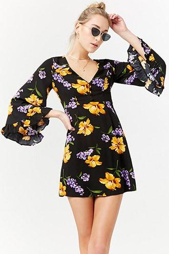 Forever21 Floral Print Bell-sleeve Dress
