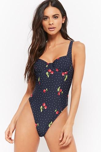 Forever21 Polka Dot Cherry Print Bustier One-piece Swimsuit