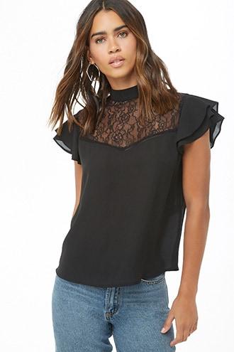 Forever21 Lace-yoke Mock Neck Top