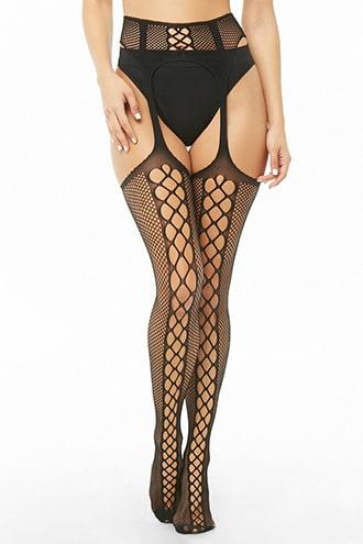 Forever21 Leg Avenue Faux Lace-up Net Stockings With Attached Garter Belt