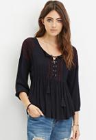 Forever21 Lace-up Embroidered Peasant Top
