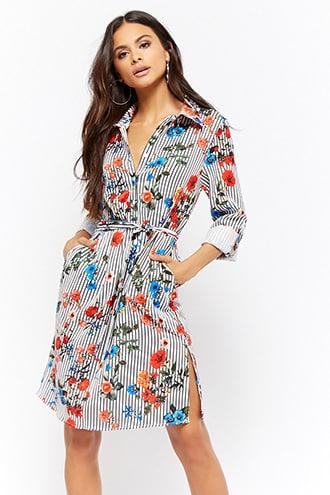 Forever21 Pinstriped Floral Shirt Dress