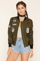 Forever21 Women's  Olive Route 66 Patched Bomber Jacket