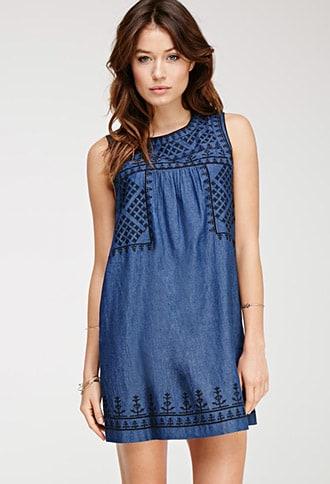 Forever21 Contemporary Embroidered Denim Shift Dress