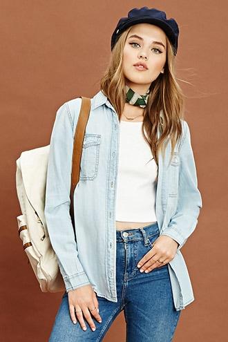 Forever21 Women's  Chambray Button Front Shirt