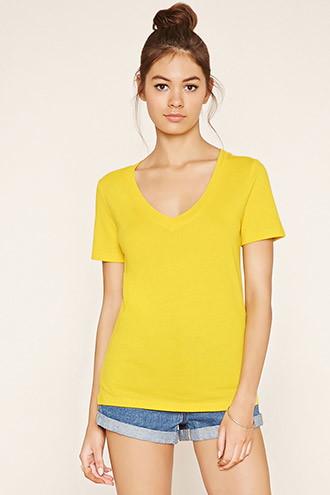 Forever21 Plus Women's  Maize Cotton-blend V-neck Tee