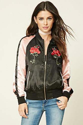 Forever21 Women's  Black & Mauve Embroidered Souvenir Jacket