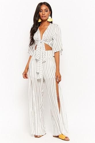 Forever21 Striped Tie-front Top & Wide-leg Pants Set