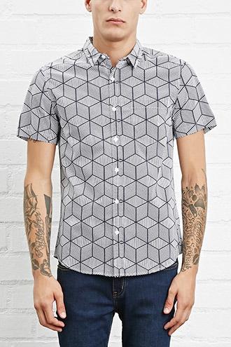 21 Men Men's  White & Navy Geo Print Pocket Shirt