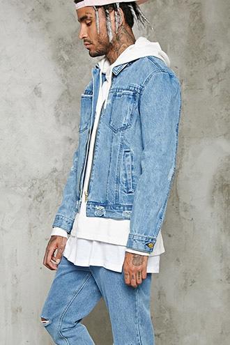 21 Men Men's  Distressed Zip-up Denim Jacket