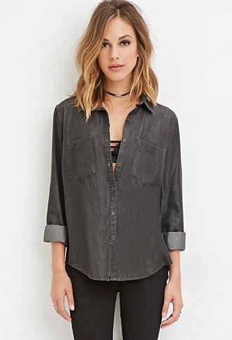 Forever21 Women's  Chambray Pocket Shirt (charcoal)