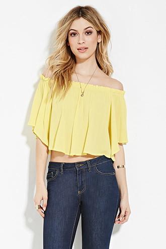 Forever21 Women's  Yellow Crinkled Off-the-shoulder Top