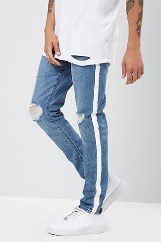 Forever21 Distressed Striped-trim Slim-fit Jeans