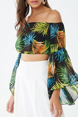 Forever21 Leaf Print Off-the-shoulder Crop Top