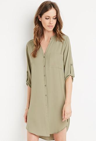 Forever21 Women's  Collarless Shirt Dress (sage)