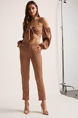 Forever21 Satin Open-shoulder Crop Top & Pant Set