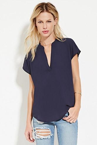Forever21 Women's  Navy Boxy Popover Blouse