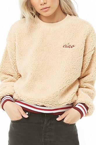 Forever21 Faux Shearling Ciao Graphic Pullover