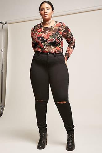 Forever21 Plus Size High-rise Ripped Knee Denim Jeans