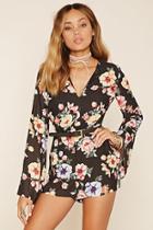 Forever21 Women's  Black & Purple Floral Bell-sleeve Romper