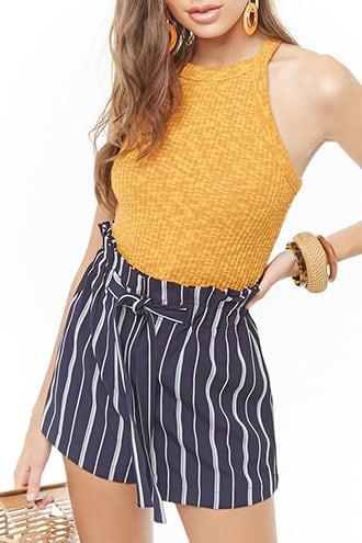 Forever21 Belted Striped Paperbag Shorts