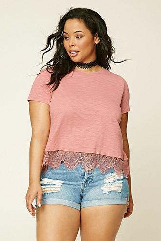 Forever21 Plus Women's  Dusty Pink Plus Size Eyelash Lace-hem Tee
