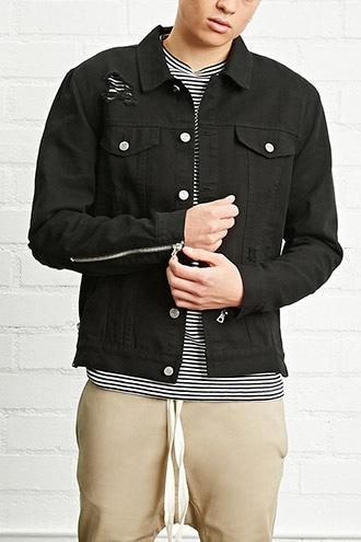 21 Men Men's  Black Distressed Zipper Denim Jacket