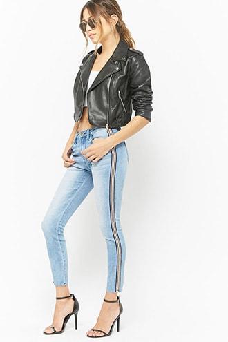 Forever21 Striped Raw-cut Skinny Ankle Jeans