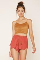 Forever21 Women's  Rust Belted Floral-embroidered Shorts