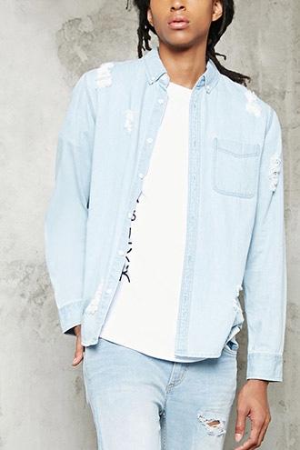 Forever21 Slim-fit Distressed Denim Shirt