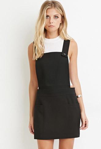 Love21 Women's  Black Contemporary Buttoned Overall Dress