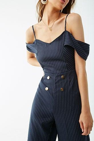 Forever21 Pinstriped Open-shoulder Jumpsuit