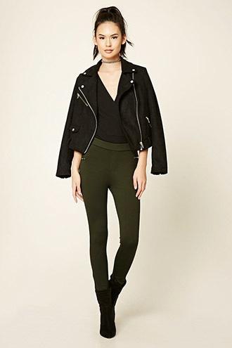 Forever21 Women's  Olive Zipper-trim Skinny Pants