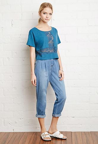 Forever21 Women's  Embroidered Mesh-paneled Boxy Top (teal)
