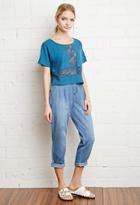 Forever21 Women's  Embroidered Mesh-paneled Boxy Top (teal)