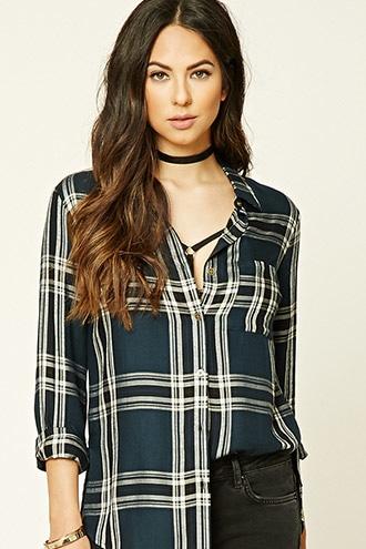 Forever21 Women's  Teal & Black Longline Plaid Shirt