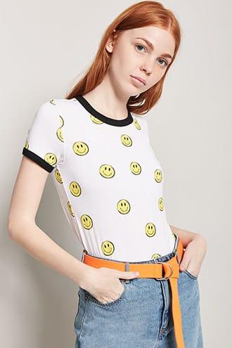 Forever21 Smiley Face Graphic Ringer Tee
