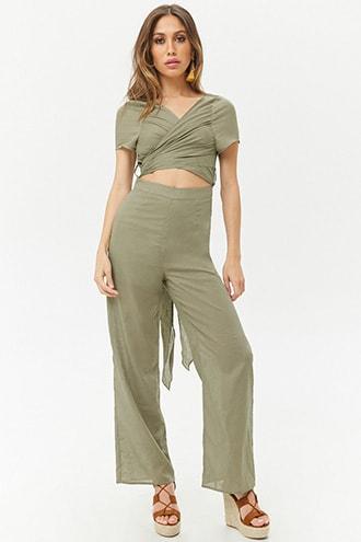 Forever21 Linen-blend Wrap-front Cutout Jumpsuit