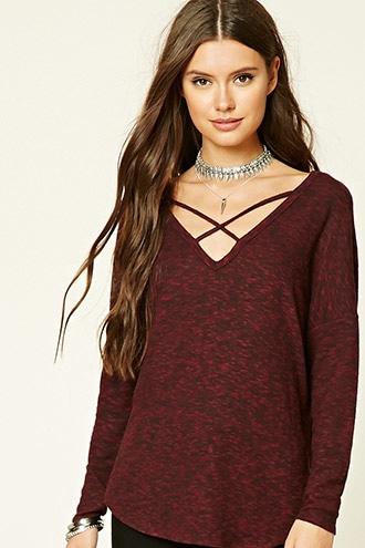 Forever21 Women's  Burgundy & Black Slub Knit Strappy Top
