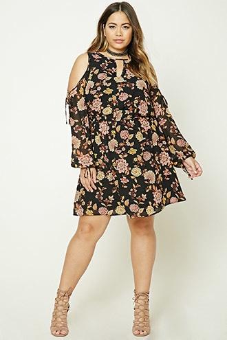 Forever21 Plus Women's  Black & Pink Plus Size Open-shoulder Dress