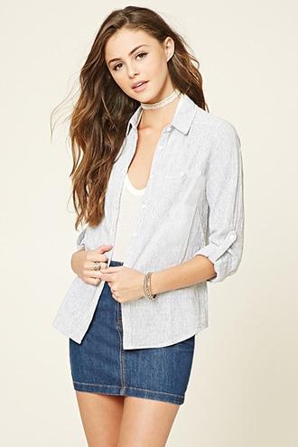 Forever21 Women's  White Pinstripe Chambray Shirt