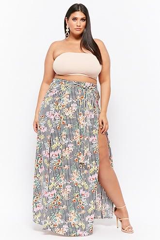 Forever21 Plus Size Floral Striped Maxi Skirt