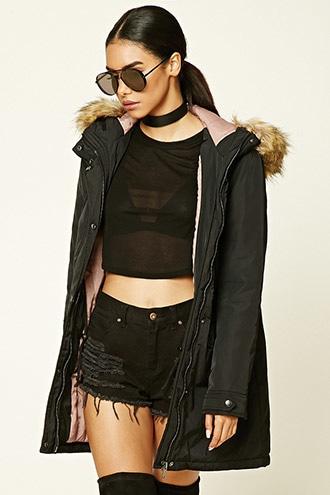 Forever21 Women's  Black & Mauve Faux Fur Hooded Parka