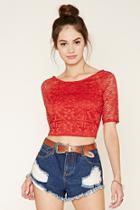 Forever21 Women's  Fiery Red Embroidered Mesh Top