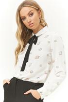 Forever21 Teacup Print Contrast Bow Shirt